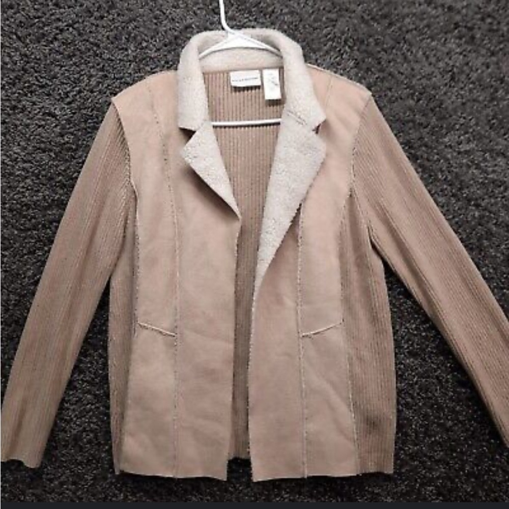 Alfred Dunner Sweater‎ Cardigan Jacket Women 18 Tan Open Sherpa Collar LG Sleeve